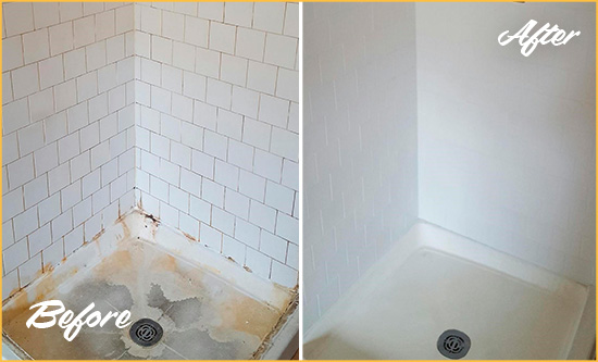 Before and After Picture of a Oak Island Shower Tile and Grout Cleaned to Remove Soap Scum