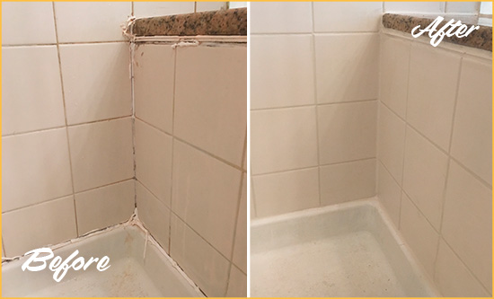 Before and After Picture of a Salter Path Shower Caulked to Repair Damaged Caulking