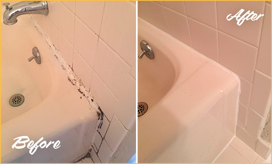 Before and After Picture of a Caswell Beach Bathroom Sink Caulked to Fix a DIY Proyect Gone Wrong
