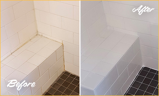 Before and After Picture of a Emerald Isle Shower Seat Caulked to Protect Against Mold and Mildew Growth