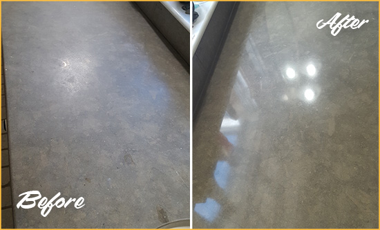 Before and After Picture of a Dull Bogue Limestone Countertop Polished to Recover Its Color