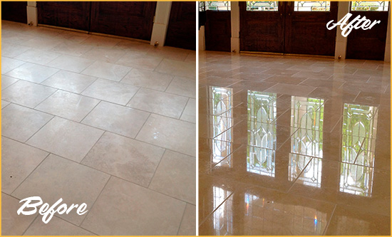 Before and After Picture of a Dull Sealevel Travertine Stone Floor Polished to Recover Its Gloss