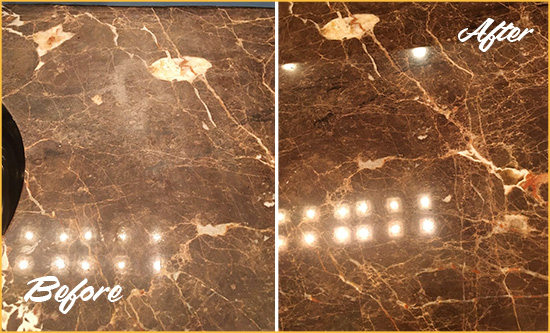 Before and After Picture of a Sealevel Marble Stone Countertop Polished to Eliminate Stains