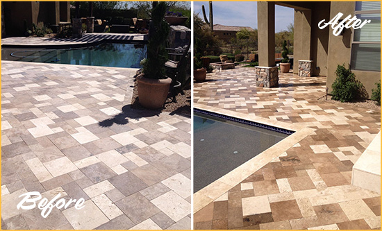 Before and After Picture of a Faded Oak Island Travertine Pool Deck Sealed For Extra Protection