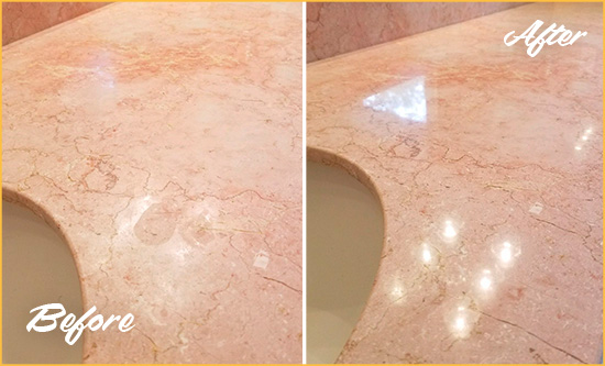 Before and After Picture of a Winnabow Marble Stone Vanity Top Sealed to Avoid Water Marks