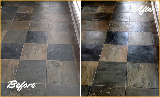 Before and After Picture of a Emerald Isle Slate Stone Floor Sealed to Eliminate Dullness