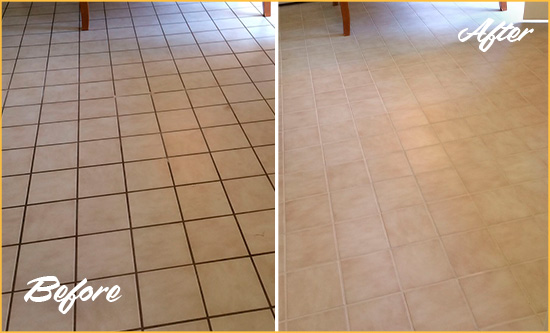 Before and After Picture of a Marshallberg Kitchen Tile Floor with Recolored Grout