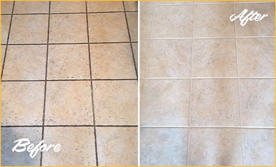 Before and After Picture of a Gloucester Ceramic Floor Cleaned to Remove Soil