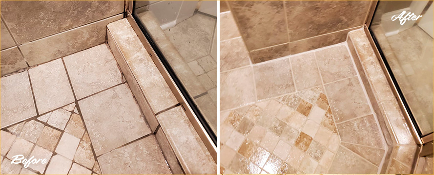Shower Before and After a Phenomenal Tile Cleaning in New Bern, NC