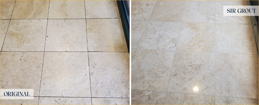 Travertine Floor Before and After a Flawless Stone Honing in Sneads Ferry, NC