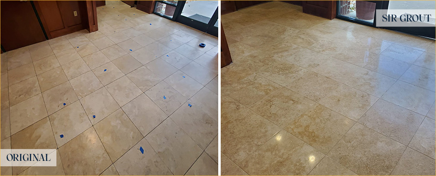 Travertine Floor Before and After a Stone Honing in Sneads Ferry, NC