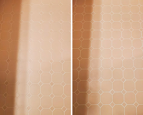 Bathroom Floor Before and After a Grout Recoloring in Wilmington