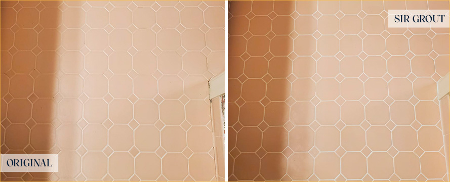 Bathroom Floor Before and After a Grout Recoloring in Wilmington