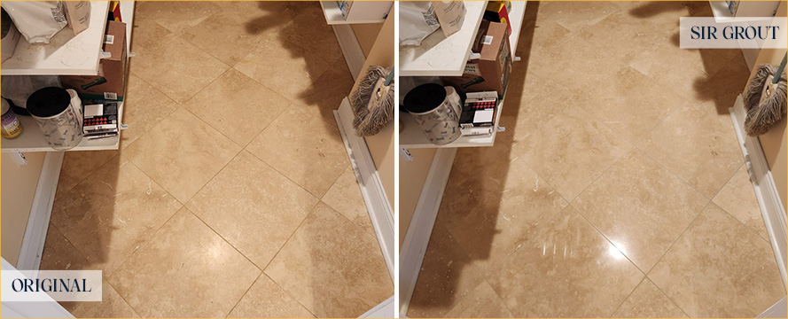 Travertine Floor Before and After a Flawless Stone Sealing in Hampstead, NC