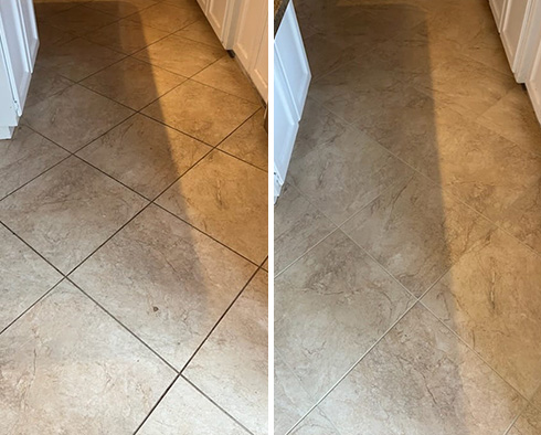 Floor Before and After a Grout Recoloring in Morehead City, NC