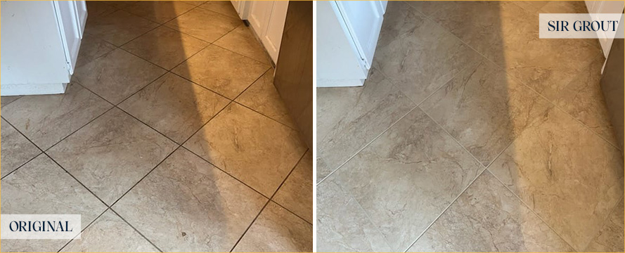 Floor Before and After a Flawless Grout Recoloring in Morehead City, NC