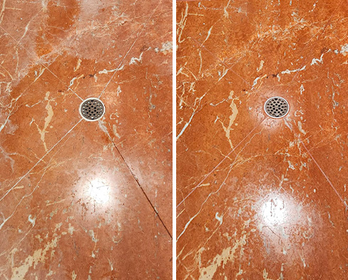 Marble Shower Floor Before and After a Stone Cleaning in Wilmington