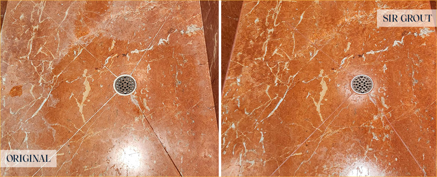 Marble Shower Floor Before and After a Stone Cleaning in Wilmington