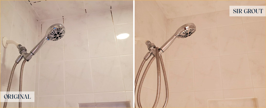 Shower Ceiling and Walls Before and After a Grout Cleaning in New Bern